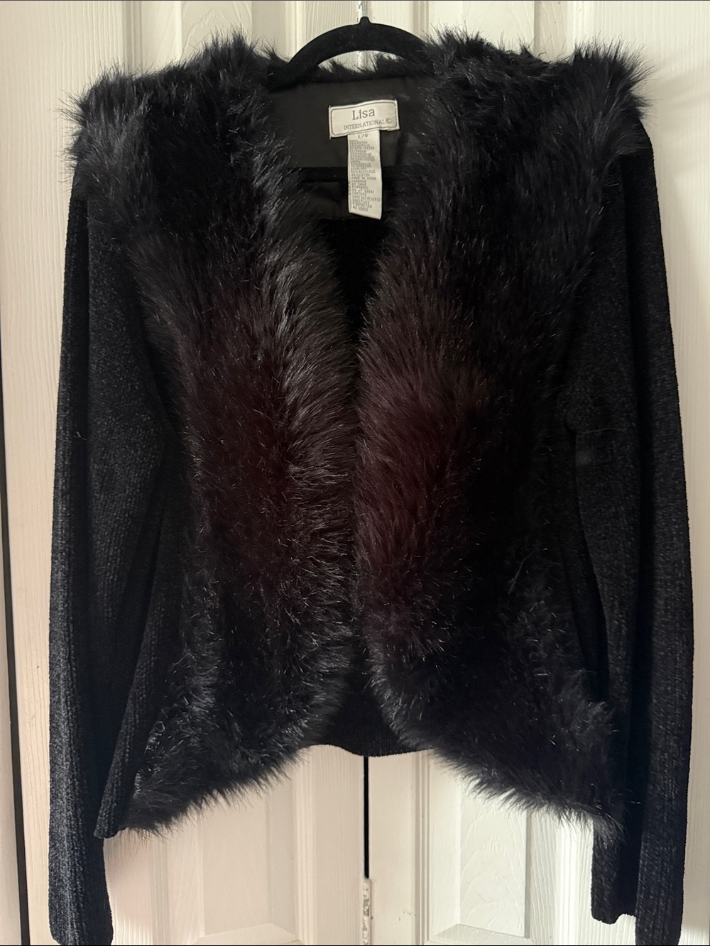 Lisa International Black Faux Fur Trim Knit Cardigan